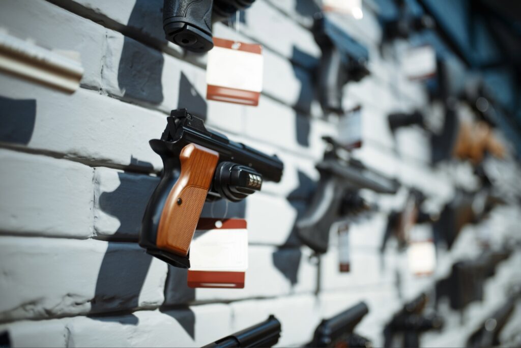 rent a gun in Sarasota | Shooter comparing different handguns during a rental session at an indoor shooting range