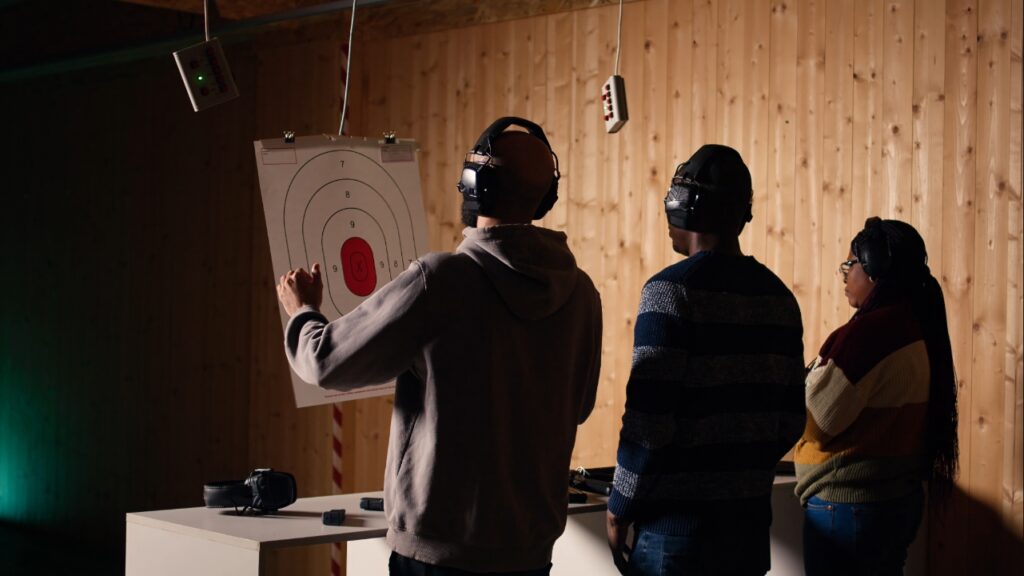Shooter practicing handgun accuracy in Sarasota at a professional indoor shooting range