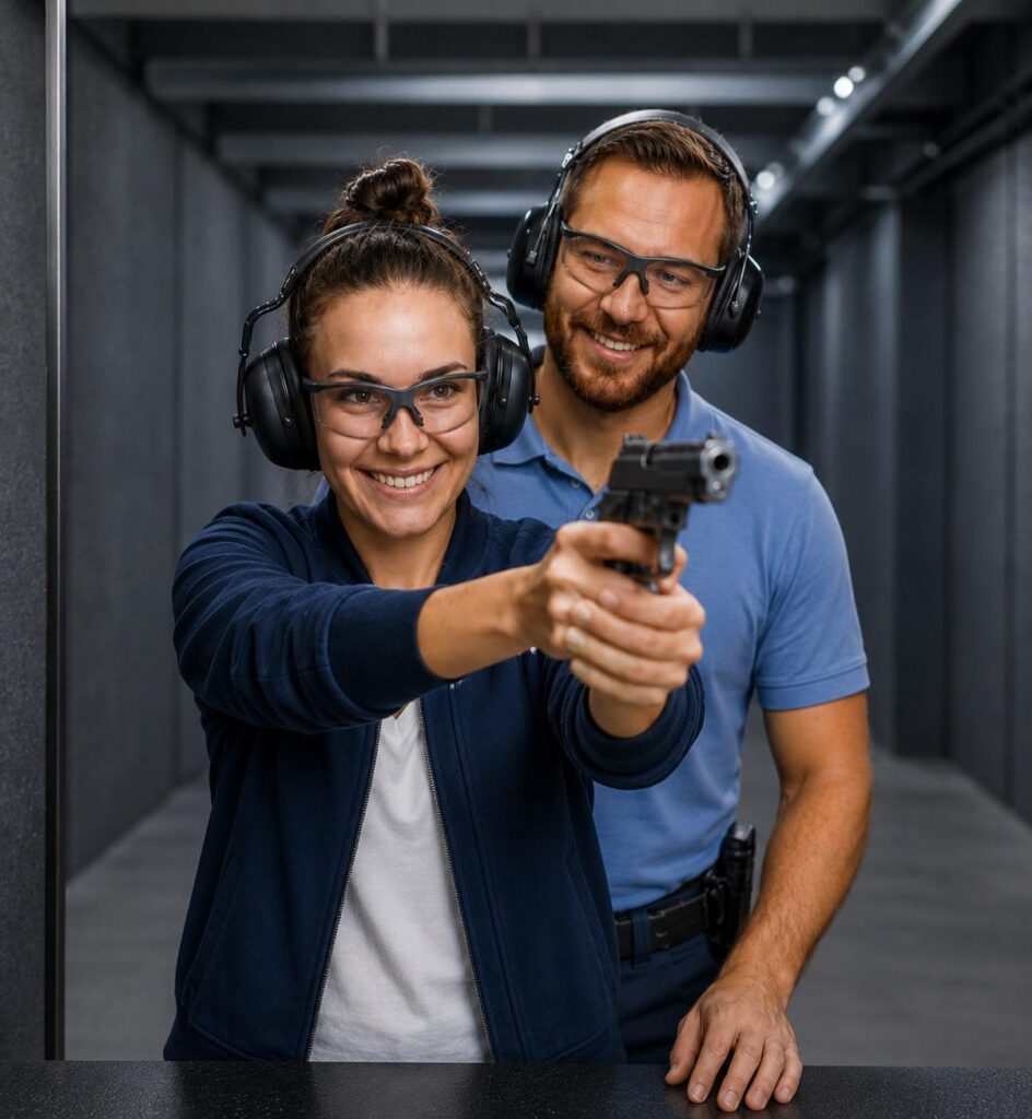 Handgun rentals Sarasota visitor at an indoor shooting range wearing eye and ear protection