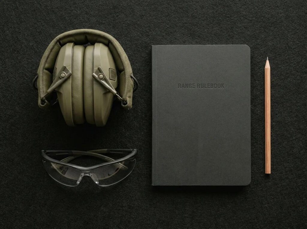 Safety glasses hearing protection and a preparation checklist for an indoor shooting range visit